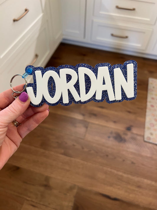 Royal Blue Glitter + White Backpack Tag Keychain