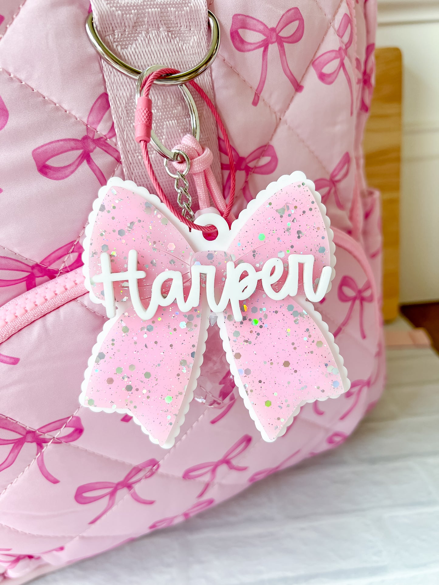 Pink Frost Acrylic Bow Bag Tag